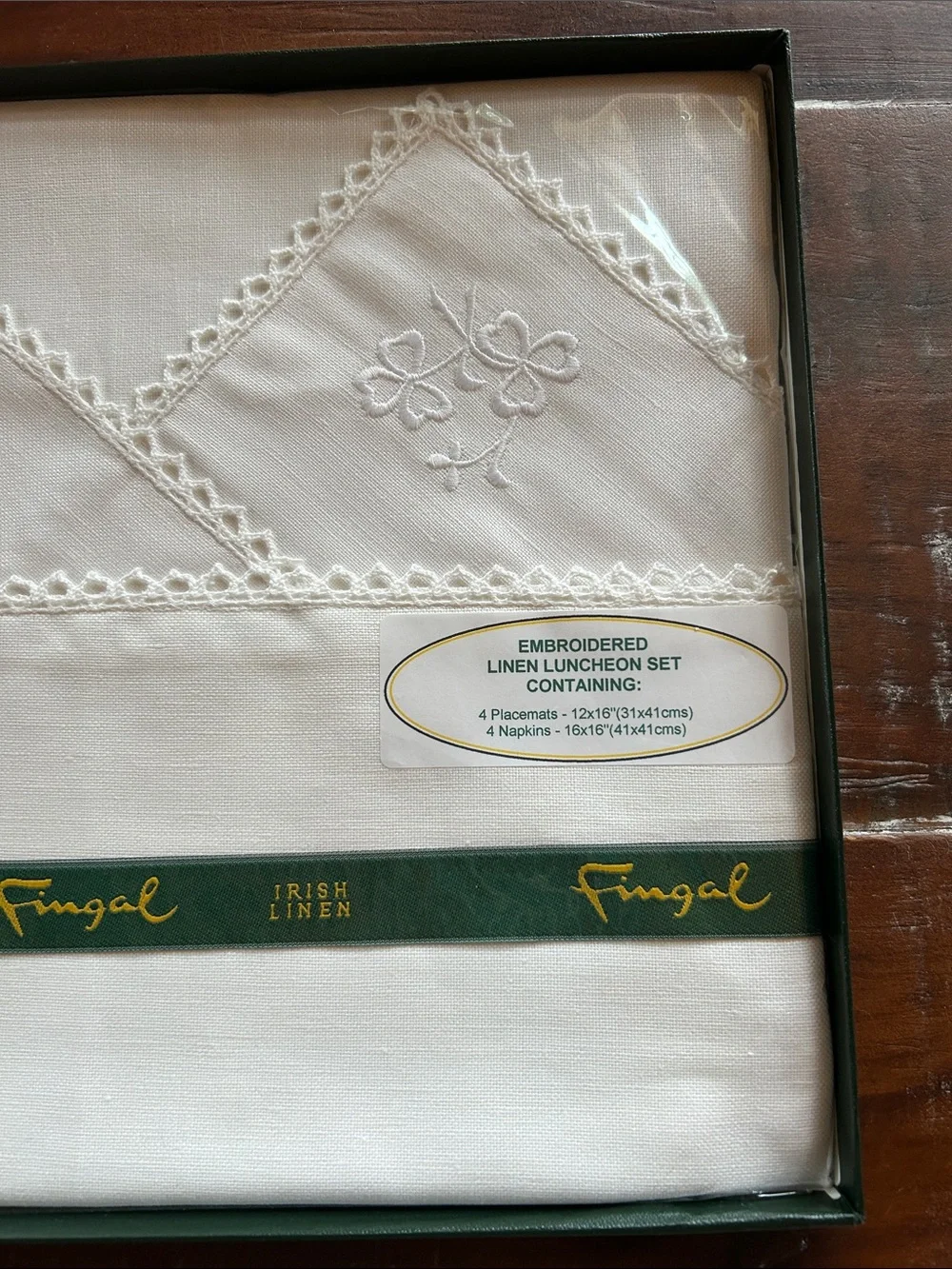 Vintage Fingal Irish Linen White Embroidered Luncheon Set of 4, NIB